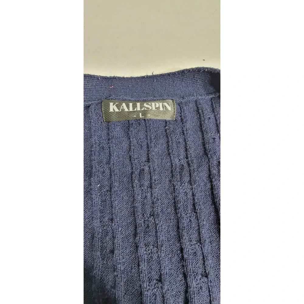 Kallspin Mens Navy Blue Cable Knit Cardigan Cashmere Wool Blend Sweater Large